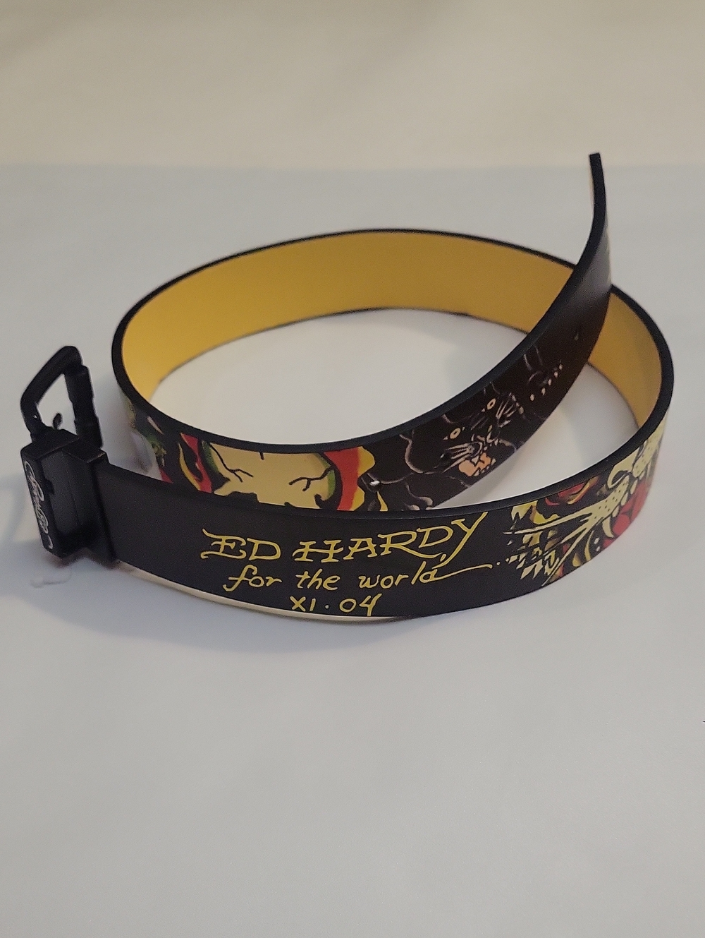 Ed Hardy Reversible Belt Men’s Size 32 Black/Yellow Tattoo Skull Tiger Buckle